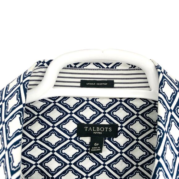 Talbots Button Down Shirt Blue White Geometric Cotton Petite 6 Wrinkle Resistant - Picture 2 of 9